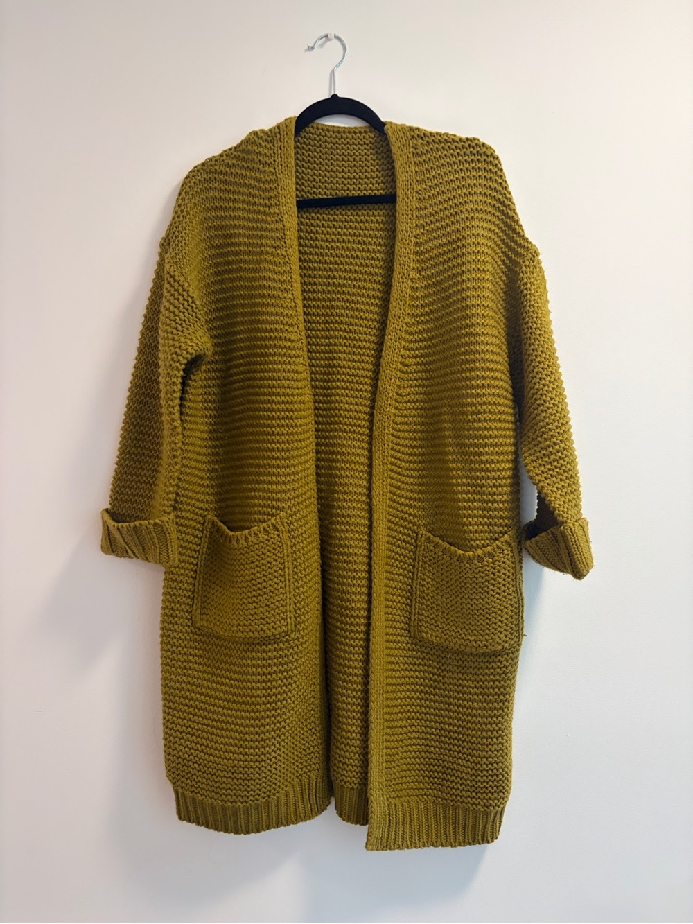 Handmade Open-Front Chunky Knit Cardigan Sweater - Mustard